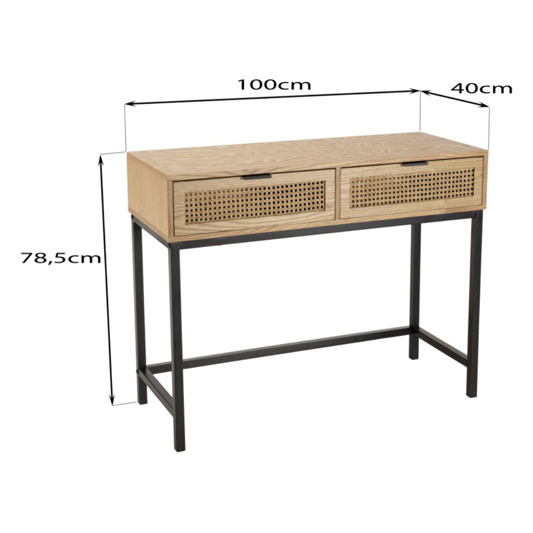 MARCEAU - Console 2 tiroirs cannage naturel pieds métal noir
