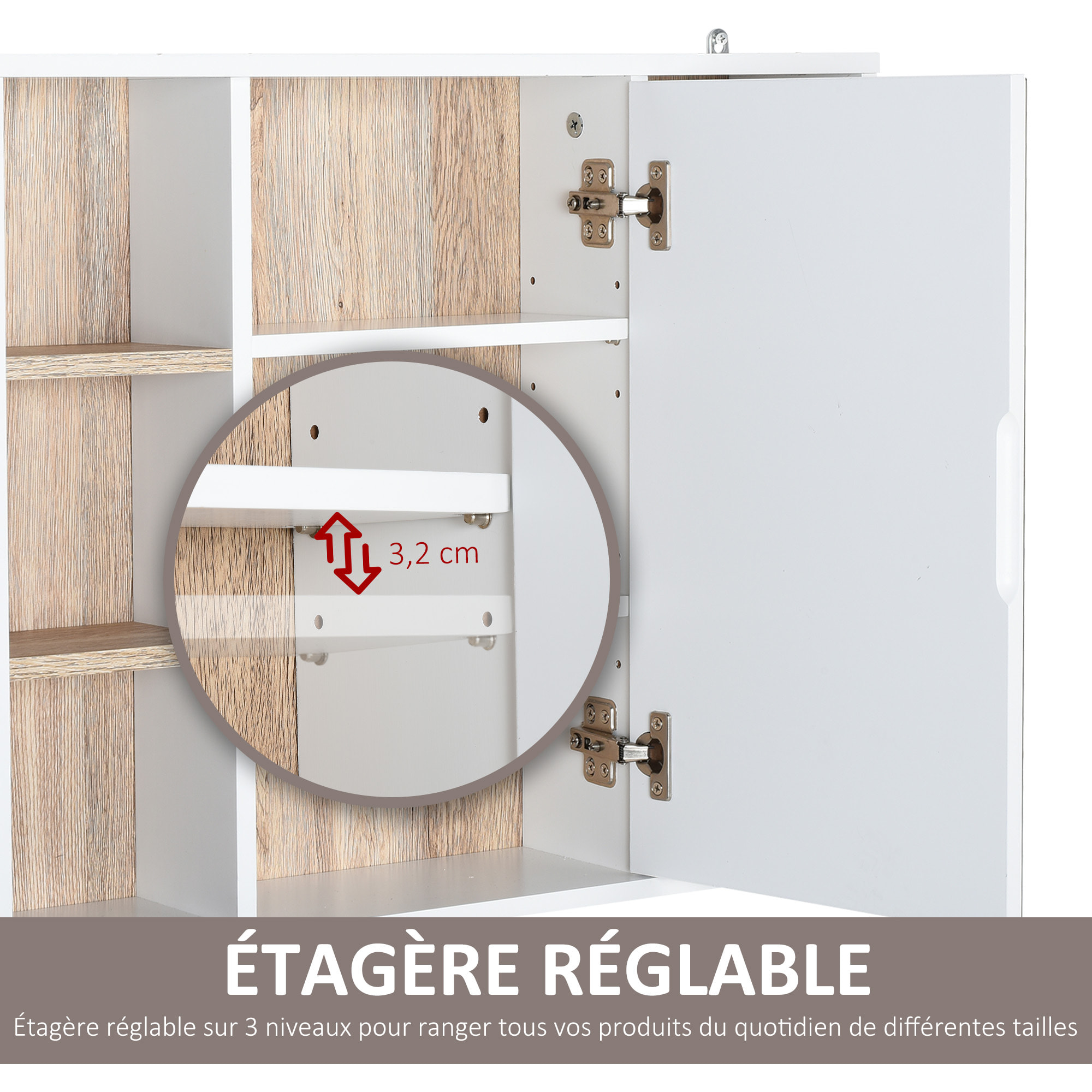 Miroir de salle de bain avec placard et étagères