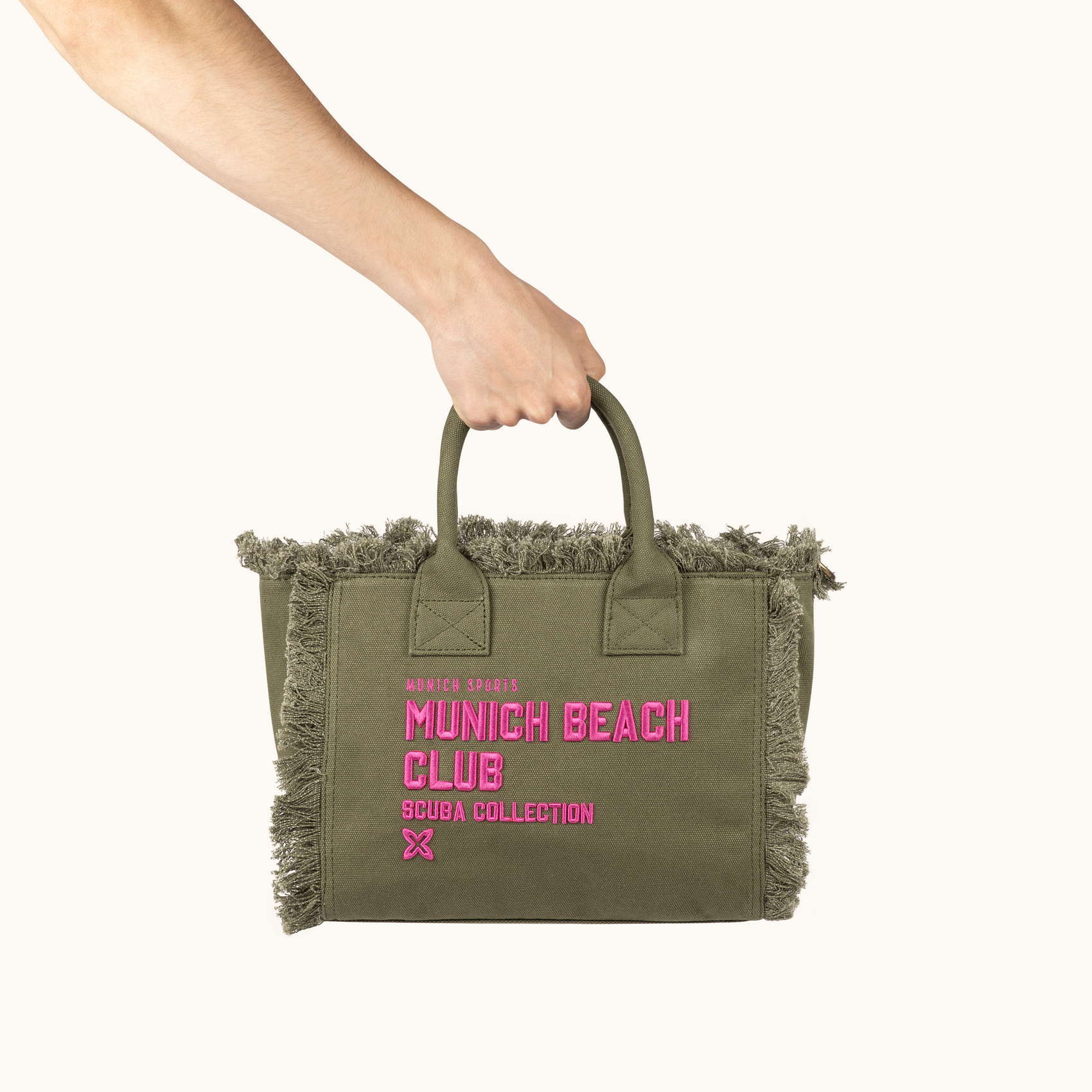 Bolso Bandolera Caqui de Algodón Reciclado con Flecos y Bordado Rosa SCUBA KHAKI CROSSBODY