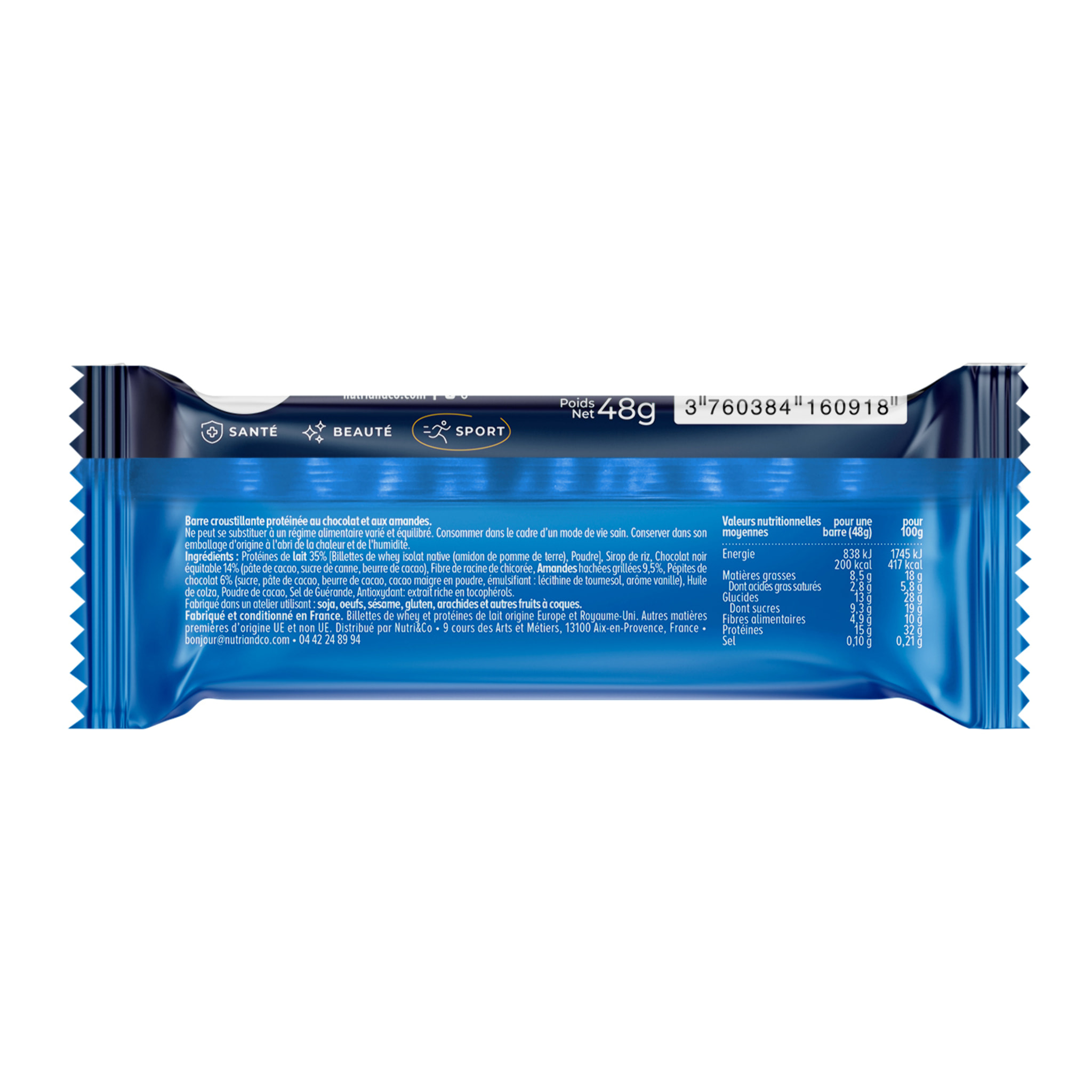 Nutri&Co Barres Protéines Whey Isolat Native - 12 barres Goût Chocolat & Amandes