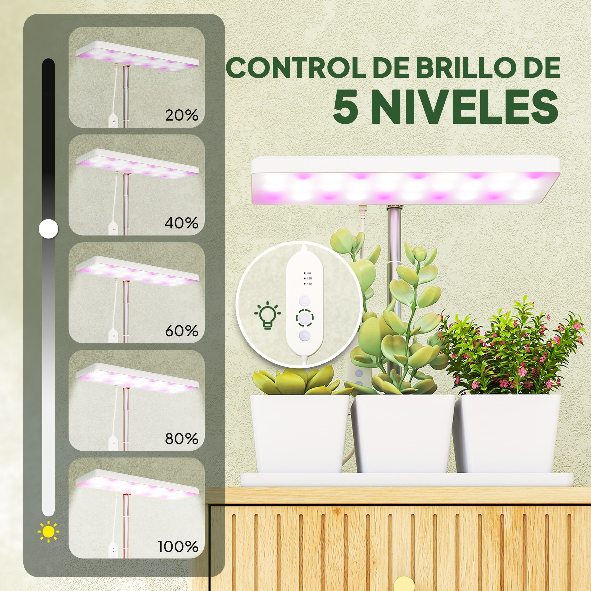 Lámpara de Planta Interior, 30 LED, Luz de Crecimiento de Espectro Completo, Ajustable en Altura con Temporizador Automático 8/12/16/24H, 5 de Brillo y 3 Cajas para Invernadero, Jardín