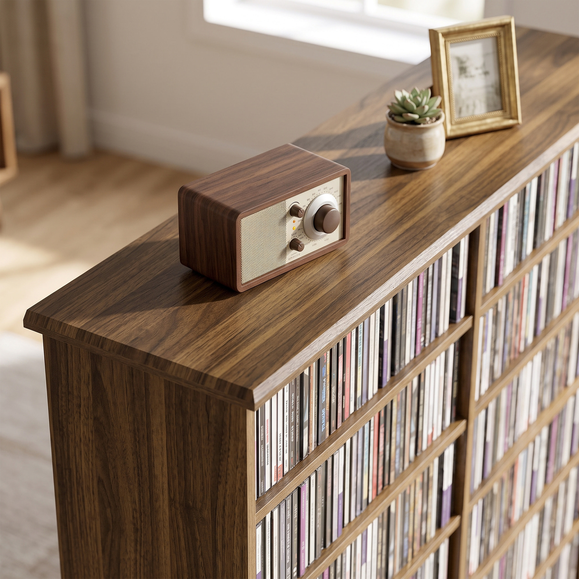 Étagère range CD - meuble rangement CD DVD - 16 compartiments, 12 étagères réglables - max 720 CD/396 DVD - noyer