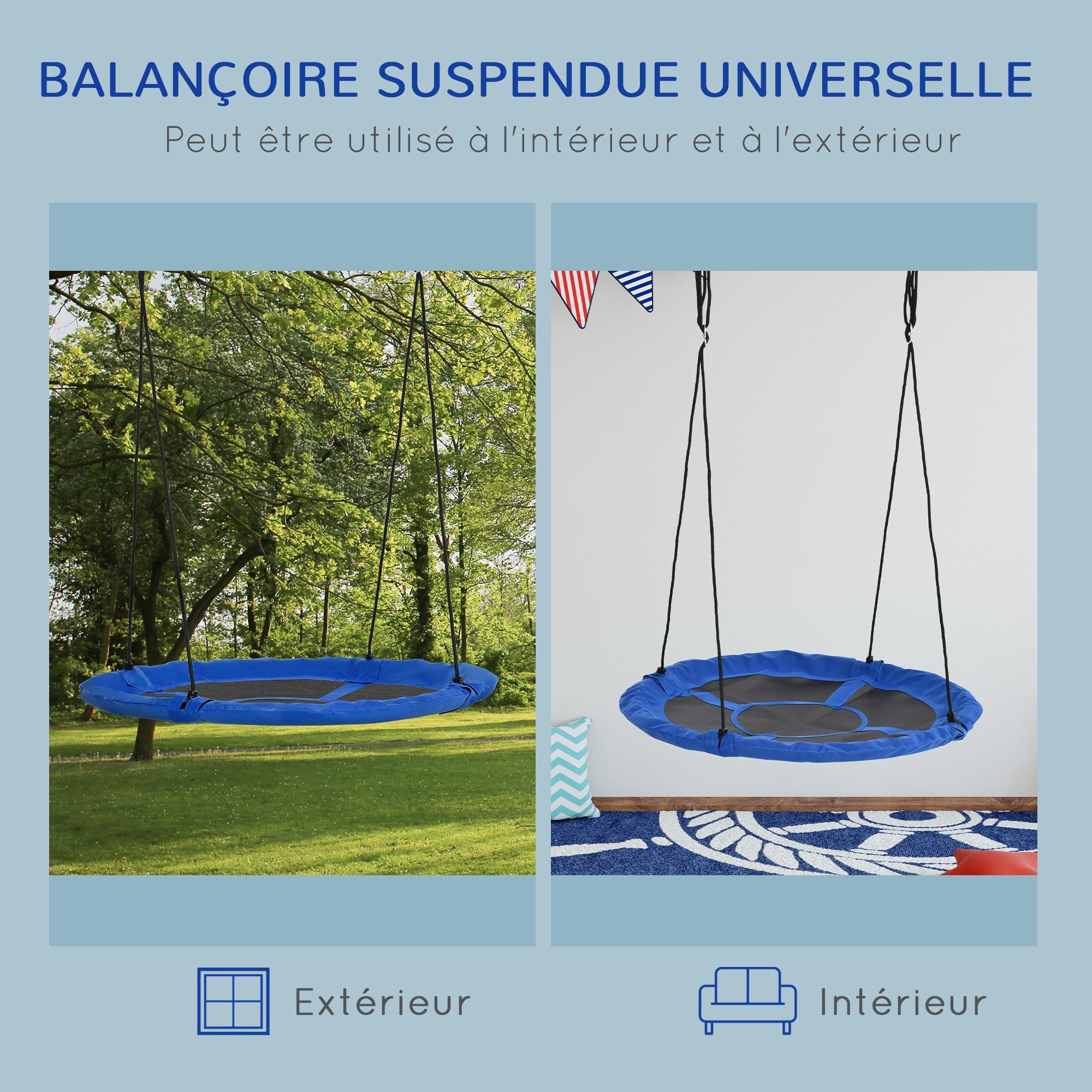 Balançoire nid d'oiseau ronde Ø 110 cm 4 anneaux inclus bleu