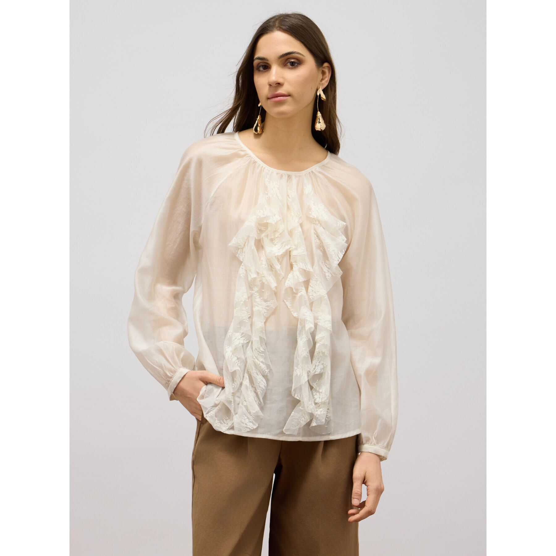Oltre - Blusa de voile con volantes - Blanco