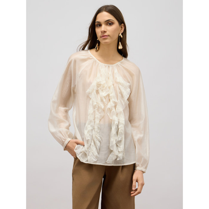 Oltre - Blusa de voile con volantes - Blanco