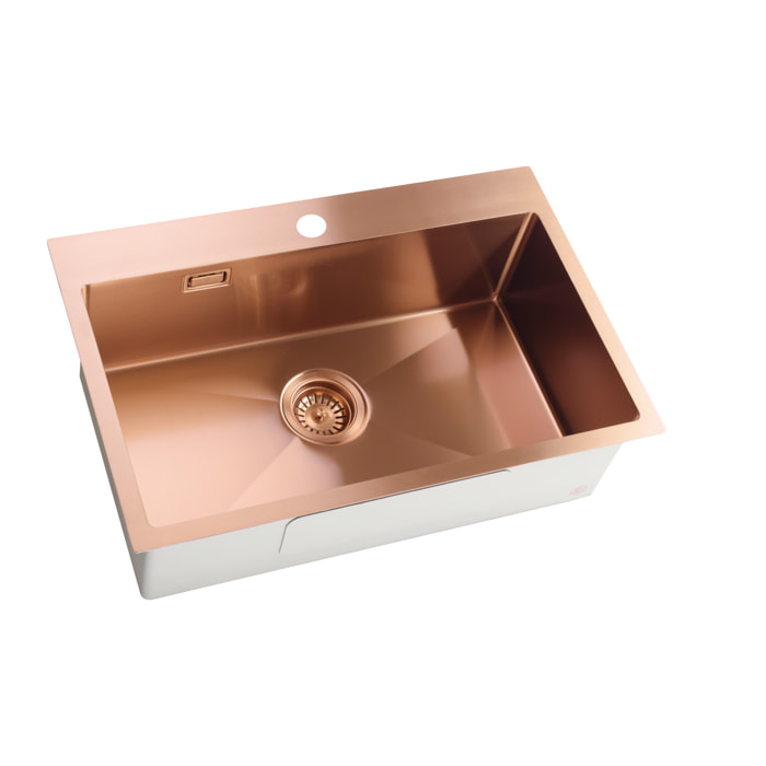 Timeless Évier de cuisine encastrable inox 304, 1 bac, 68x45x21 cm, Cuivre brossé PVD