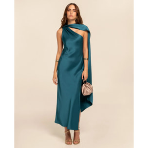 Vestido midi satinado con escote asimétrico y lazada