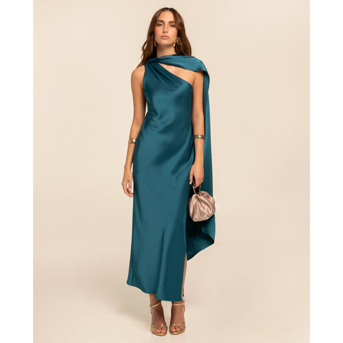 Vestido midi satinado con escote asimétrico y lazada