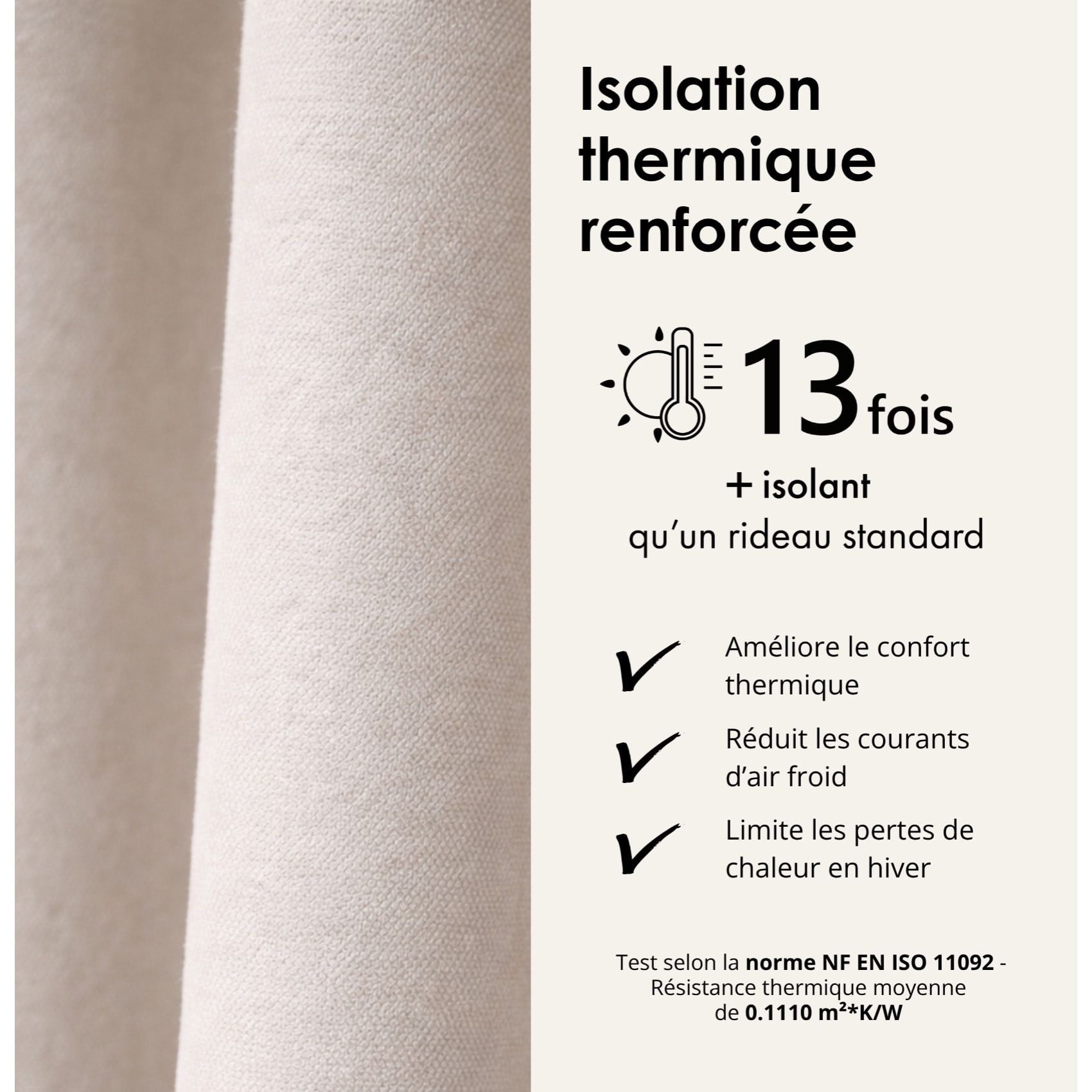 Rideau thermique phonique et semi occultant KONFOR - Blanc cassé