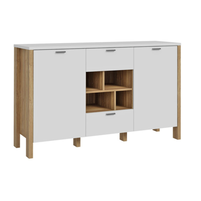 Buffet L141 cm 2 tiroirs 2 portes 4 niches décor gris clair - BOLERO