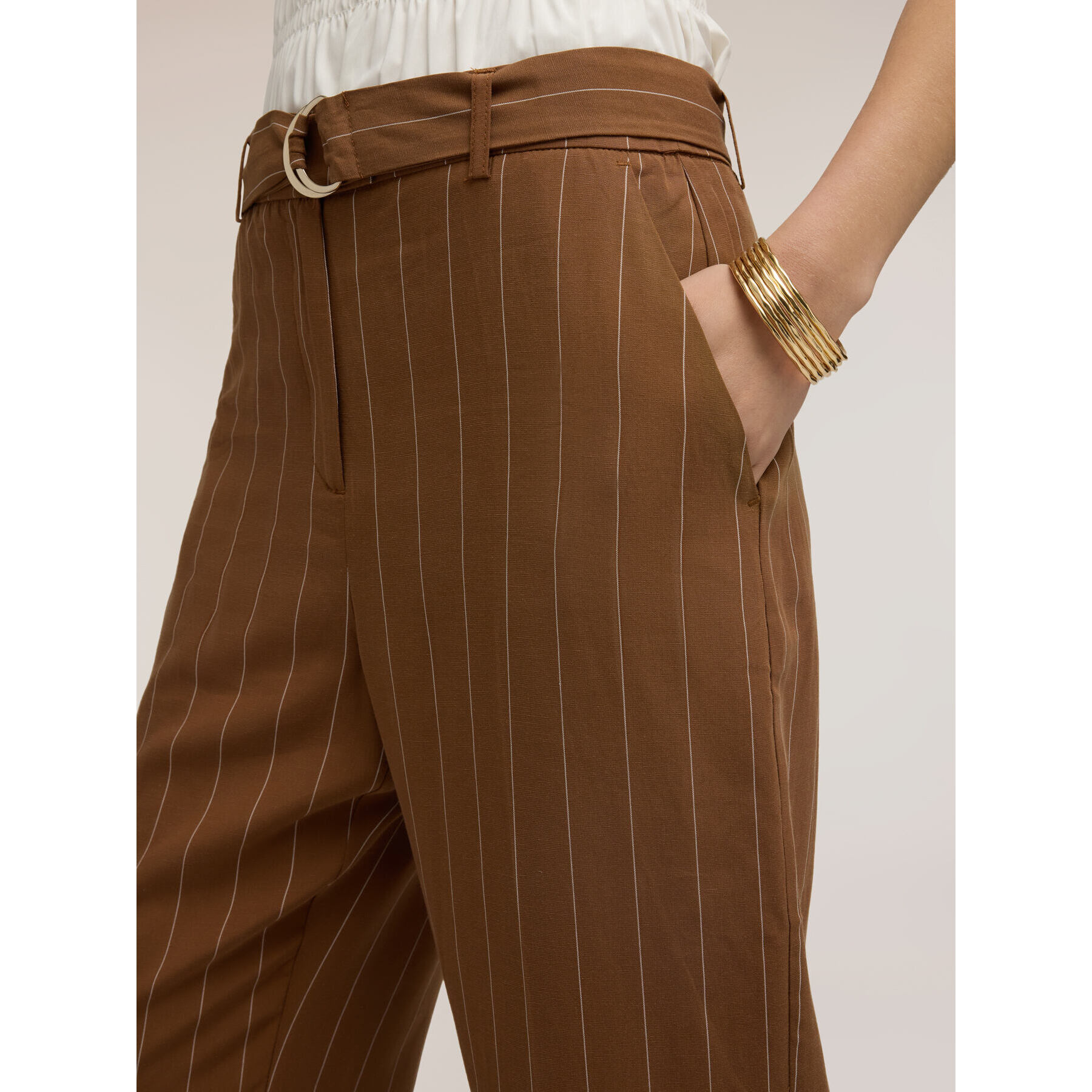 Motivi - Pantaloni palazzo a righe in misto lino - Marrone