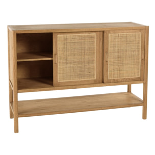 AMY - Buffet 2 étagères 3 portes coulissantes en mindi et rotin naturel AMY