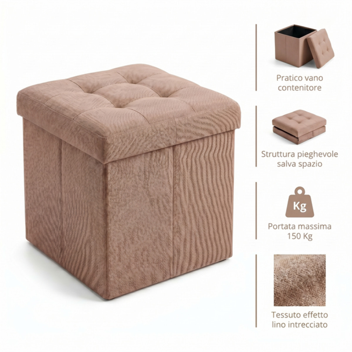 Pouf contenitore pieghevole 38x38x38 cm, cubo salvaspazio con vano interno, seduta imbottita resistente fino a 150 kg, design effetto lino elegante, ideale per soggiorno camera ingresso ufficio e cameretta