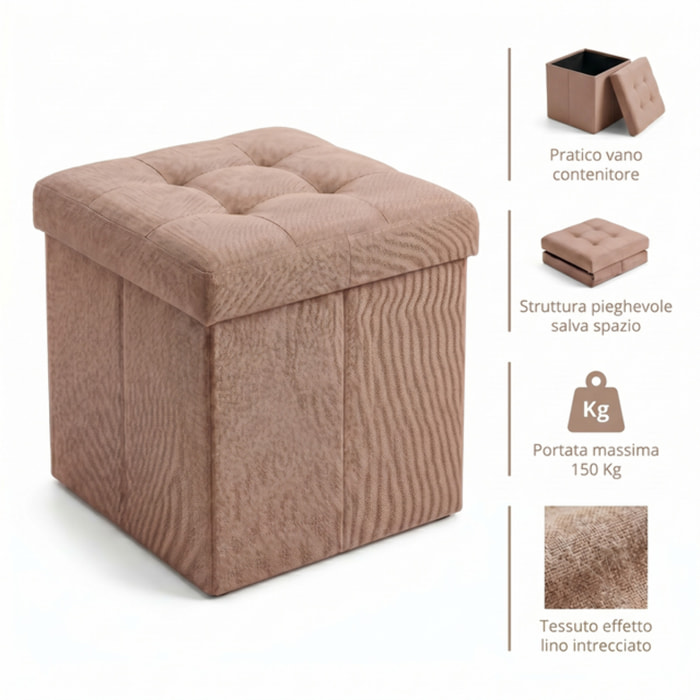 Pouf contenitore pieghevole 38x38x38 cm, cubo salvaspazio con vano interno, seduta imbottita resistente fino a 150 kg, design effetto lino elegante, ideale per soggiorno camera ingresso ufficio e cameretta