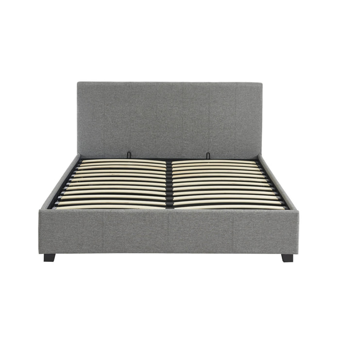 Lit coffre avec sommier à lattes et tête de lit. finition tissu gris clair. L 202 x P 148 x H 86cm