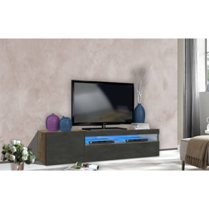 Mobile porta TV Aquilo, Credenza bassa da soggiorno, Base porta televisione, 100% Made in Italy, cm 150x40h37, Acero e Ardesia, con luce LED