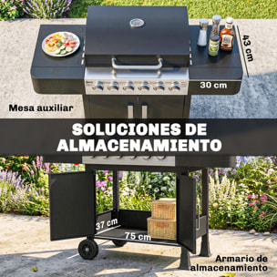 Barbacoa de Gas BBQ Gas con 6 Quemadores 15 kW Barbacoa Portátil con Termómetro Tapa 2 Mesas Laterales Armario Rejilla Calentadora Parrilla Recogedor Grasa Asa 2 Ruedas Negro