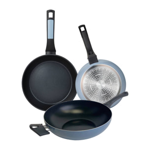 Juego de 2 Sartenes de Ø20Ø26cm + Wok de Ø30cm en Aluminio prensado color Azul NOIA San Ignacio
