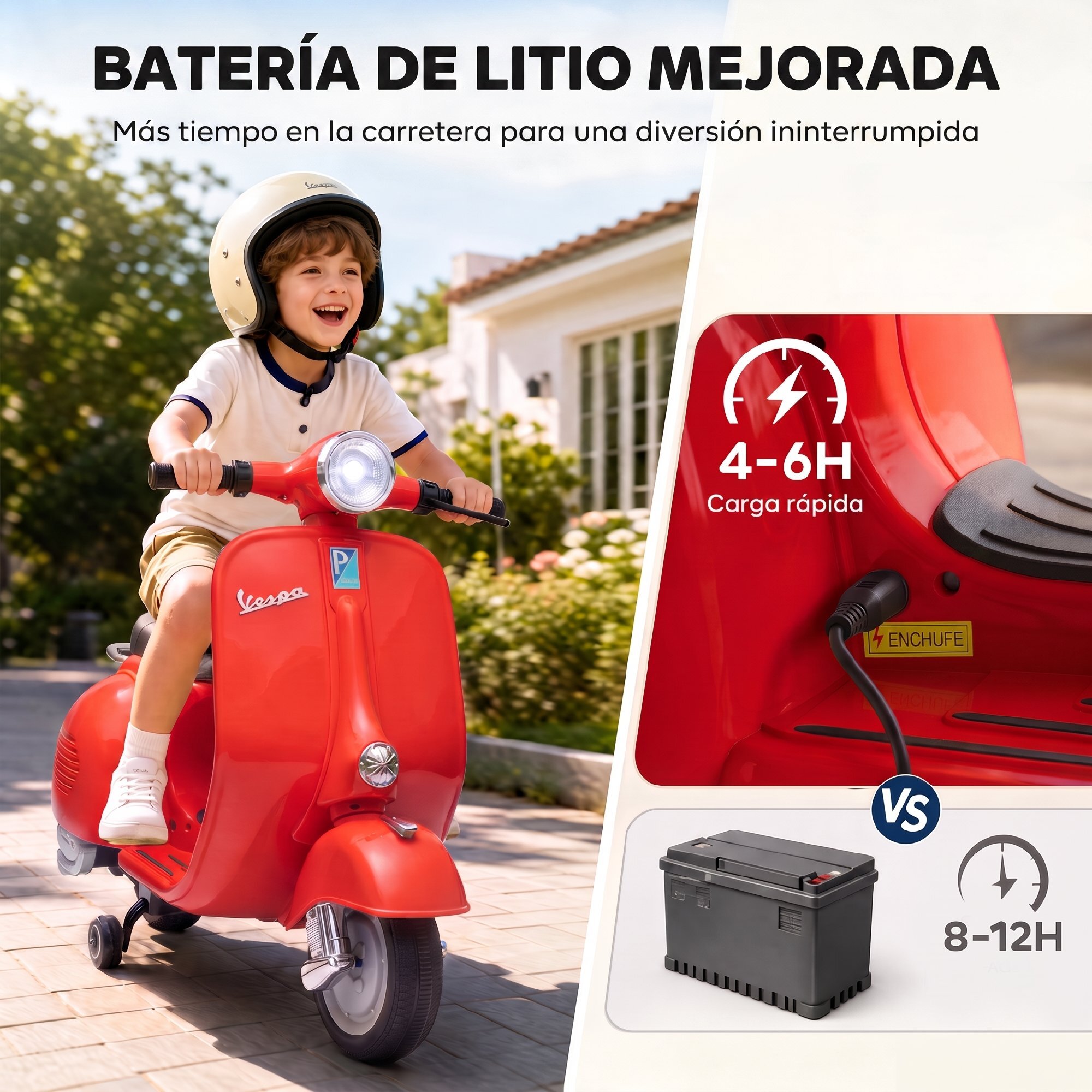 Moto Eléctrica para Niños Licencia VESPA 6V, Moto Eléctrica Infantil con Arranque Suave, Ruedines Desmontables, Luz Delantera, Música, Bocina, USB, Avance, Atrás, para Niños de +3 Años, Rojo