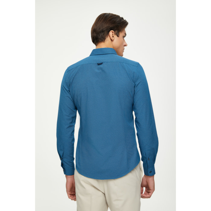 Camicia Uomo 1 Bottone Button Down Slim Cotone Poliestere Stampato Petrolio e Blu Scuro