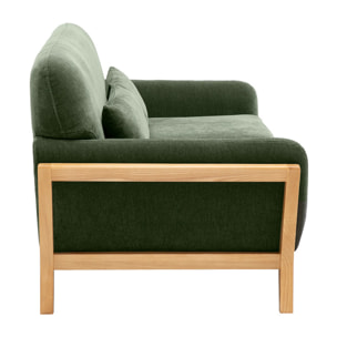Canapé scandinave 2 places en tissu effet velours vert kaki et bois clair YOKO
