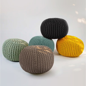 Pouf tricot rond en coton jaune moutarde D40 cm - Elisa