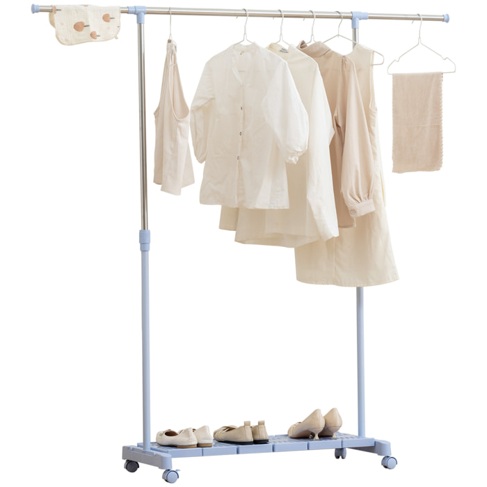 Tendedero Extensible con Ruedas, Tendedero de Ropa con Barra de Acero Inoxidable y Estante para Zapatos, Altura Ajustable, para Interior, Azul y Plata