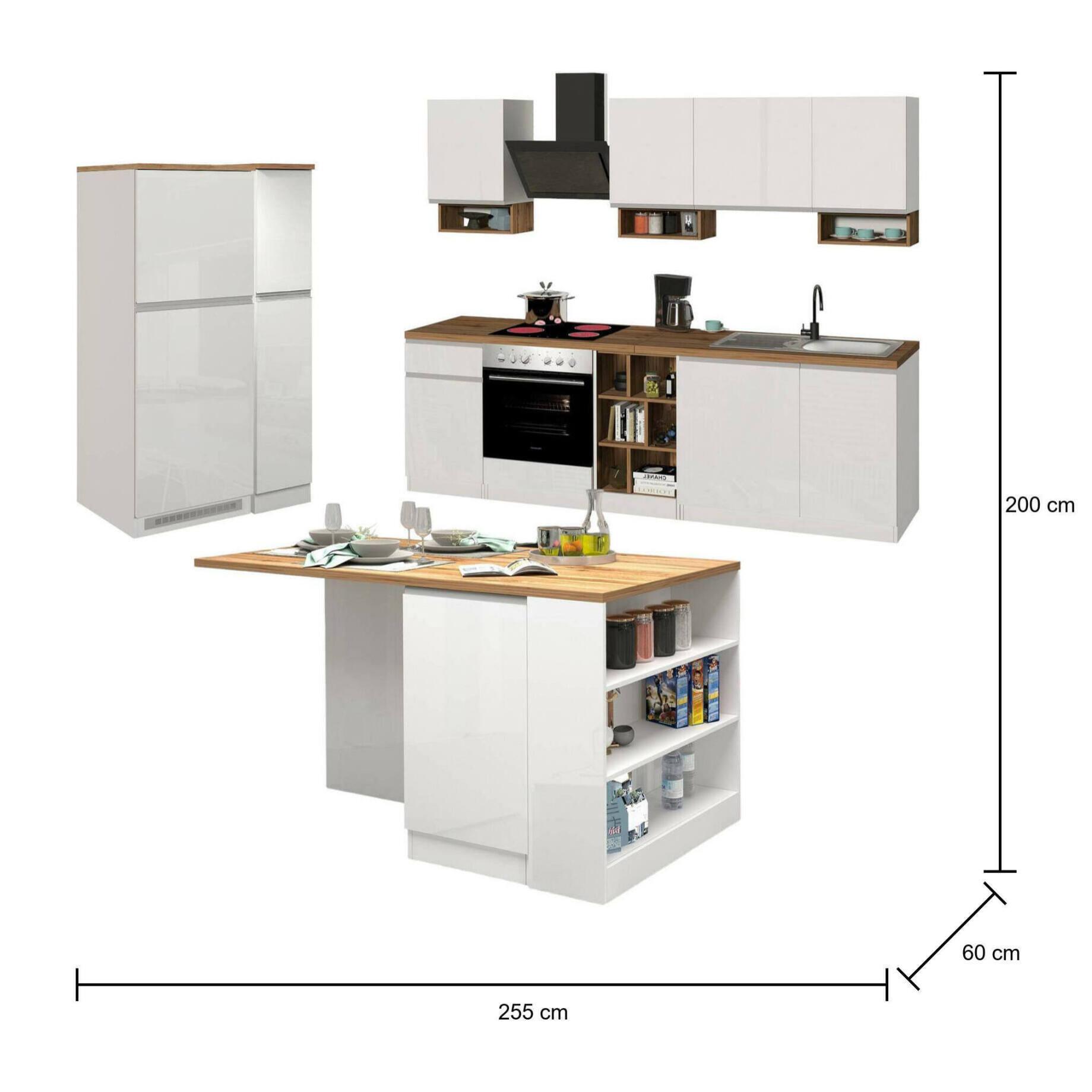 Cucina completa Daquilant, Set da cucina modulabile, Cucina componibile con più elementi, 100% Made in Italy, Bianco lucido e Rovere