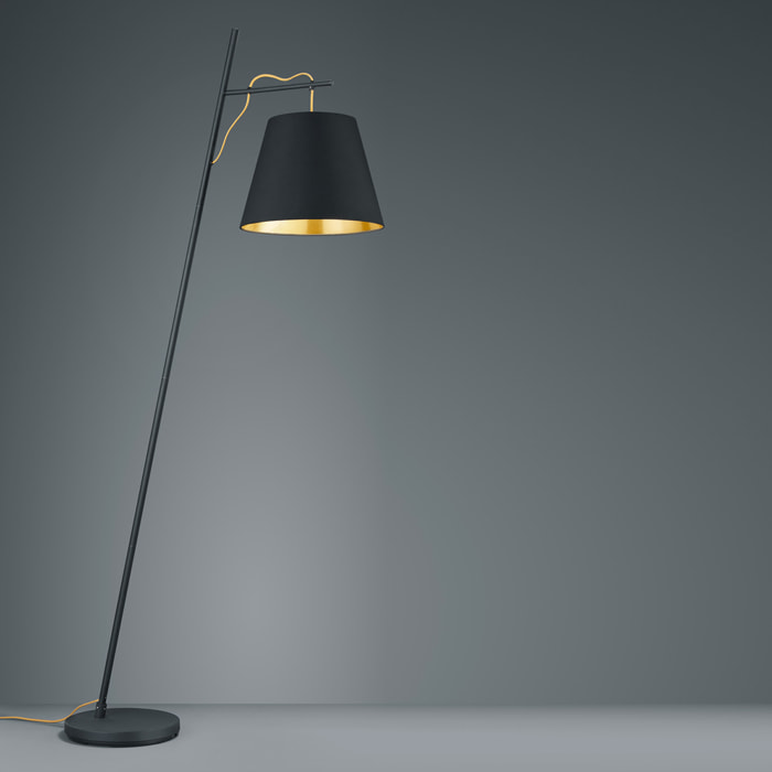 Andreus - Piantana in metallo con asta inclinata e diffusore conico in tessuto colore nero ed oro. 35x80x180H cm