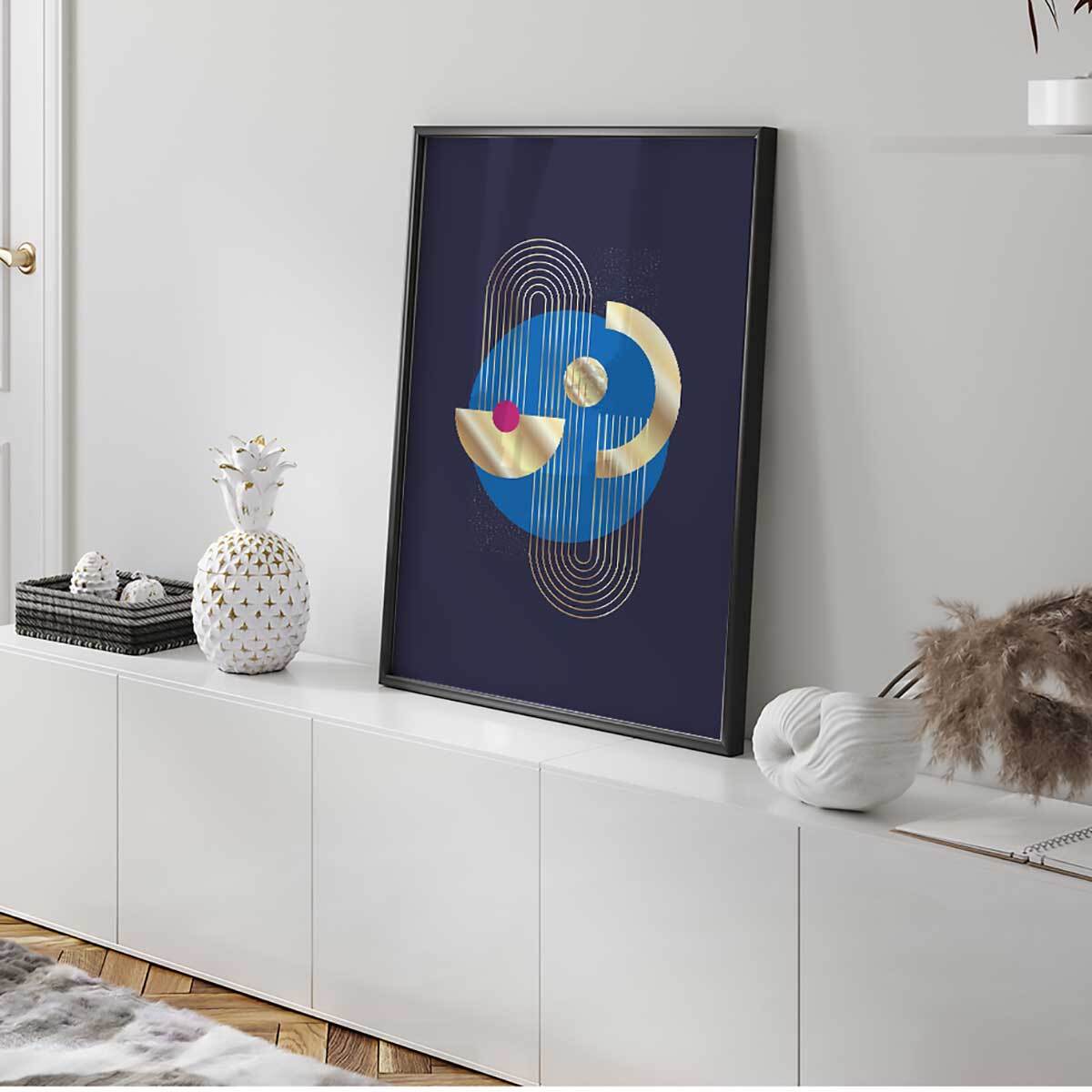 Affiche abstraite géométrique moderne fond bleu et doré Affiche + cadre en métal - Noir