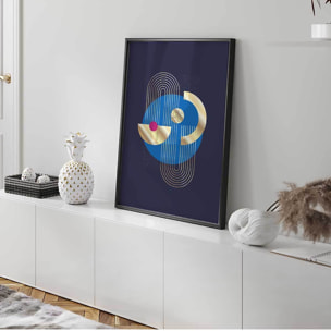Affiche abstraite géométrique moderne fond bleu et doré Affiche + cadre en métal - Noir