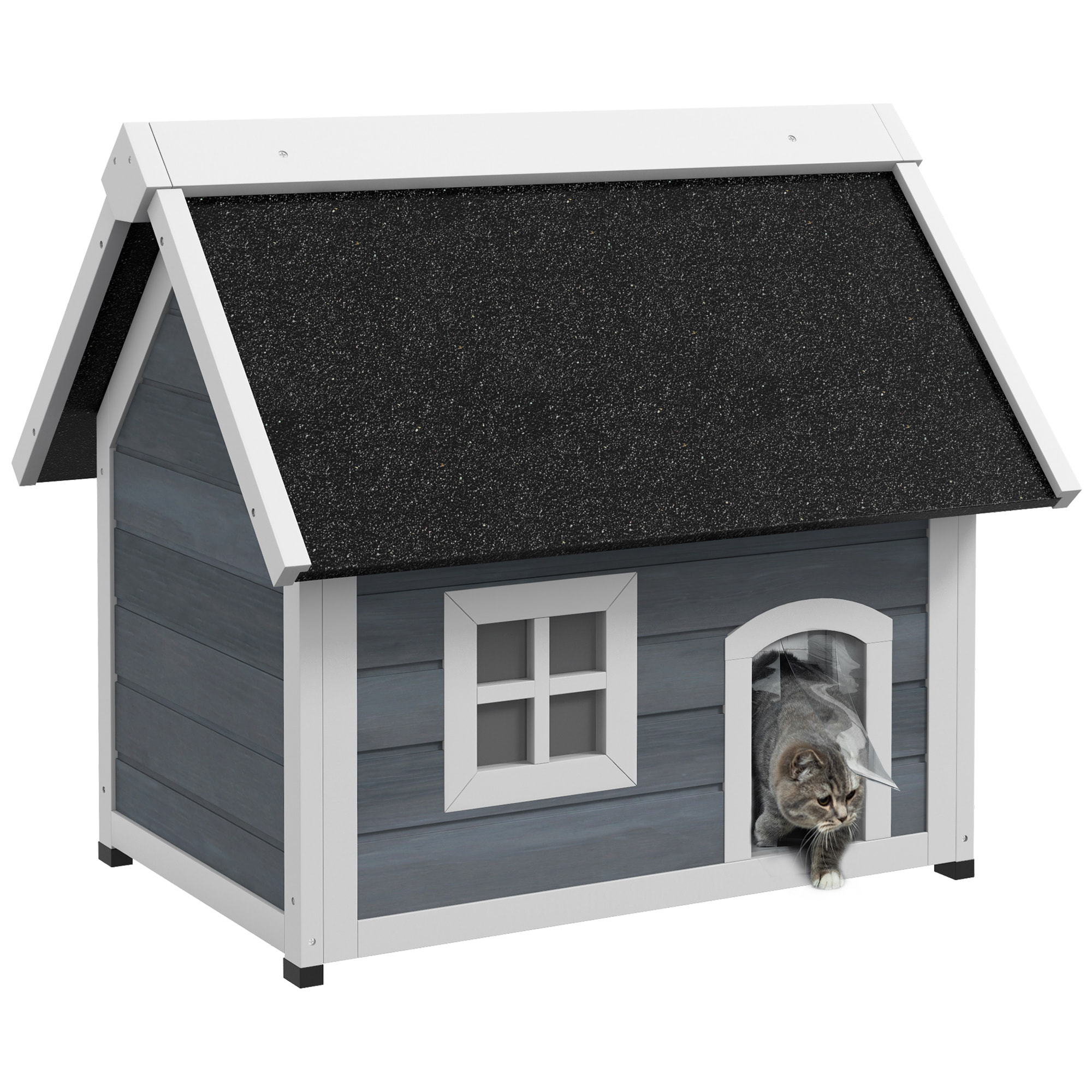PawHut Casa para Gatos de Madera Caseta para Gatos con Techo Asfáltico Abatible Ventana y Puertas con Cortina Refugio para Mascotas para Exterior 77x57,5x68 cm Gris y Negro
