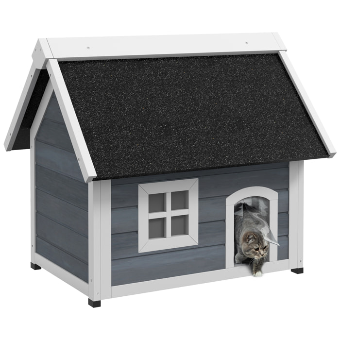 PawHut Casa para Gatos de Madera Caseta para Gatos con Techo Asfáltico Abatible Ventana y Puertas con Cortina Refugio para Mascotas para Exterior 77x57,5x68 cm Gris y Negro