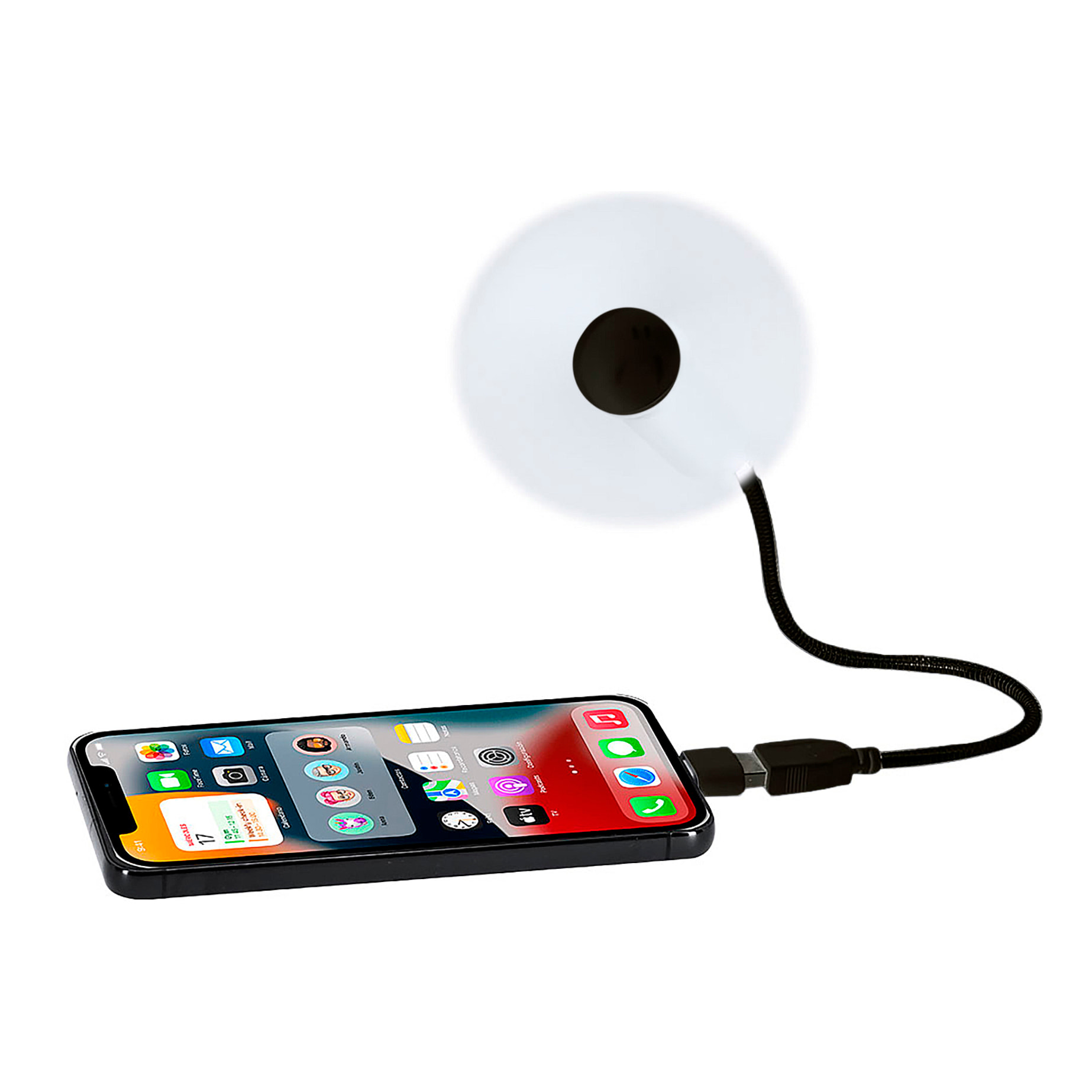 Ventilador flexible compatible con USB y USB-C, con cuello orientable para dirigir el flujo de aire. Compacto, ligero y sin necesidad de baterías, ideal para smartphones, portátiles y baterías externa