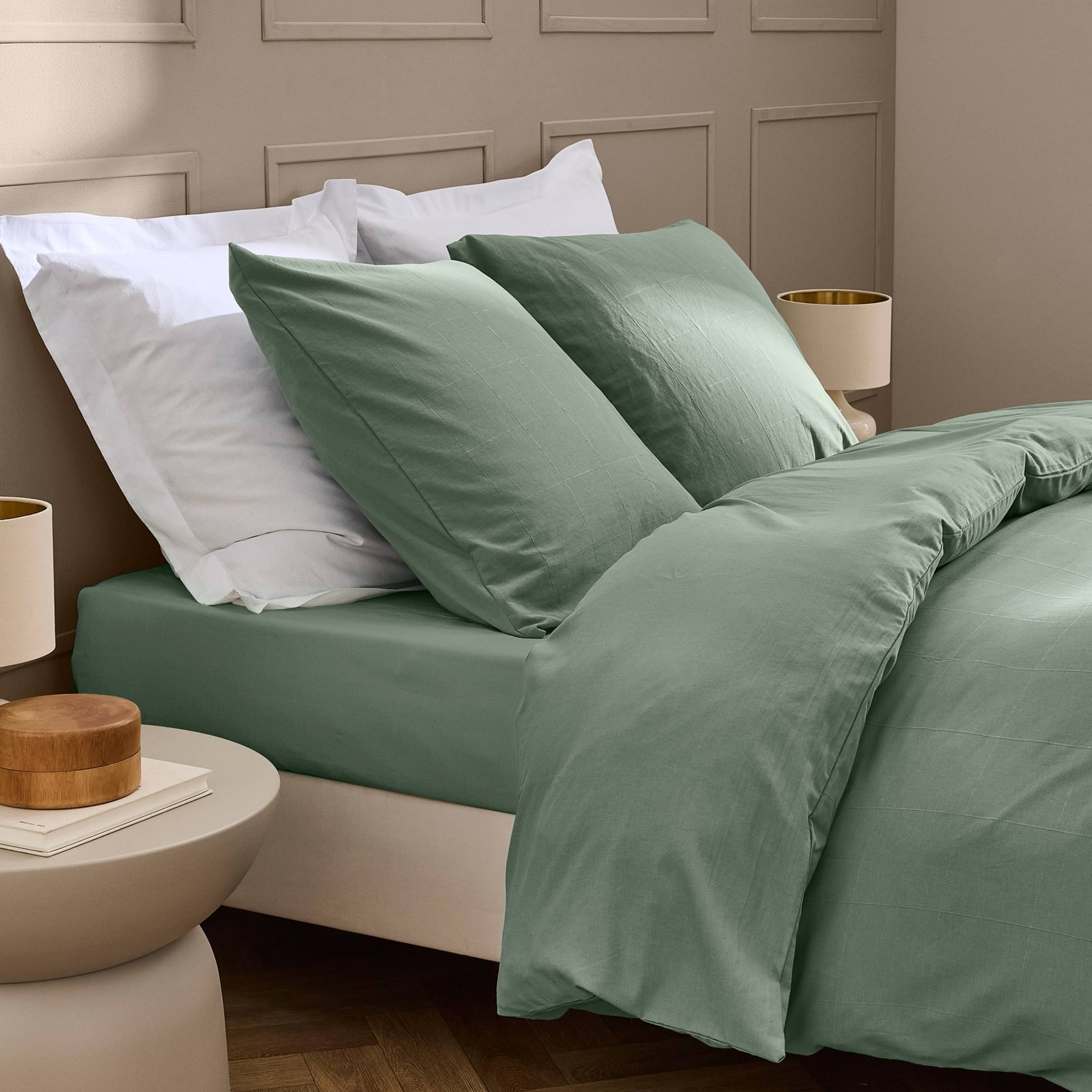 Drap-housse en coton lavé motif carreaux jacquard - Sauge