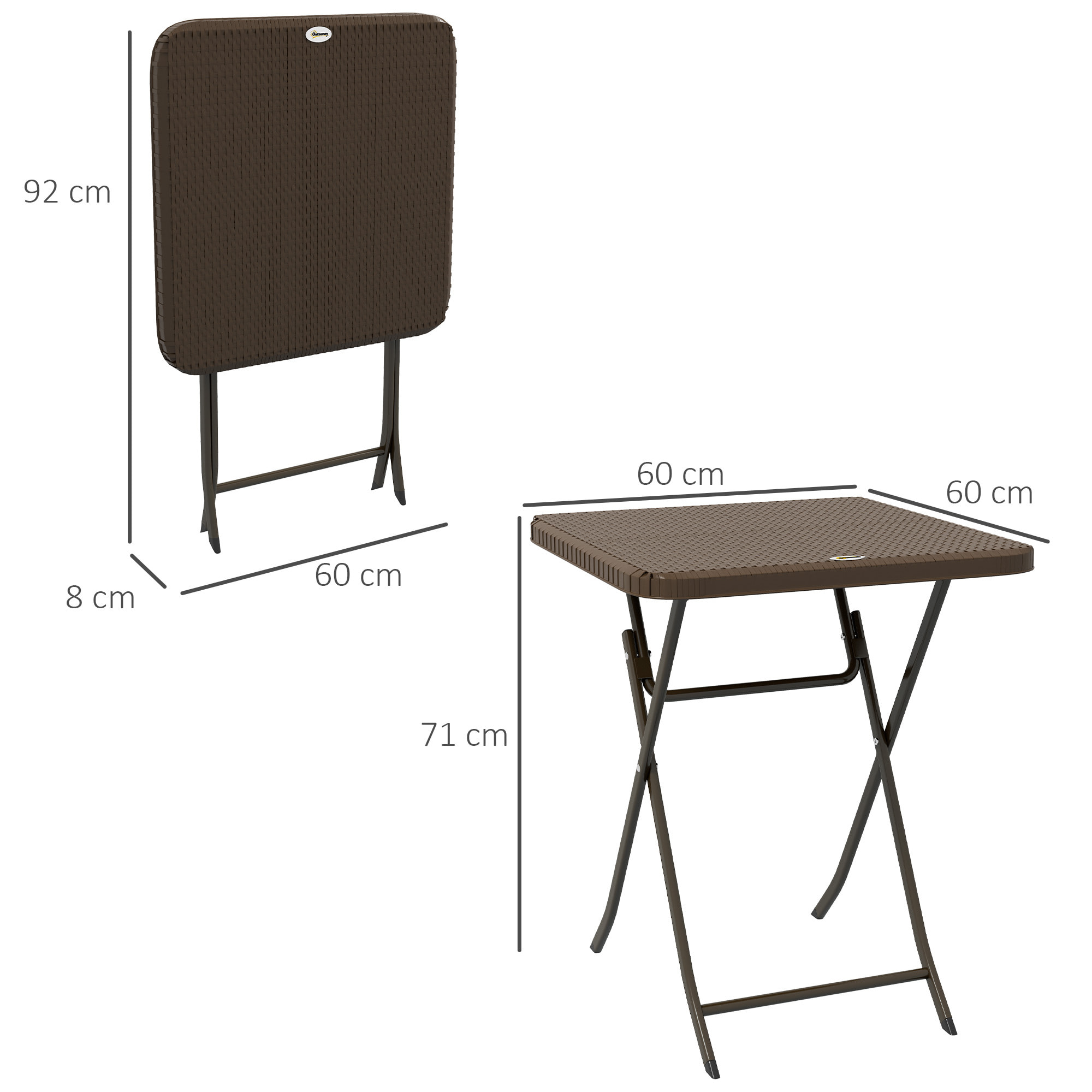 Table de jardin pliante table de camping pliable dim. 60L x 60l x 71H cm acier époxy HDPE aspect rotin tressé marron