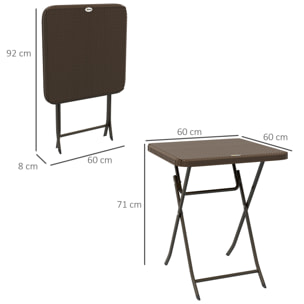 Table de jardin pliante table de camping pliable dim. 60L x 60l x 71H cm acier époxy HDPE aspect rotin tressé marron