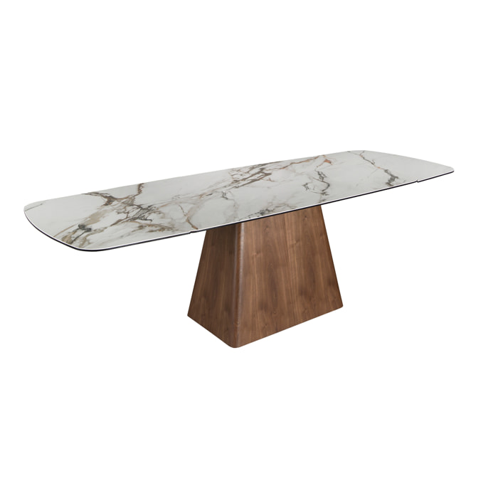 Mesa comedor extensible rectangular con tapa de mármol porcelánico en blanco con vetas marrones en acabado mate 180x100x78cm