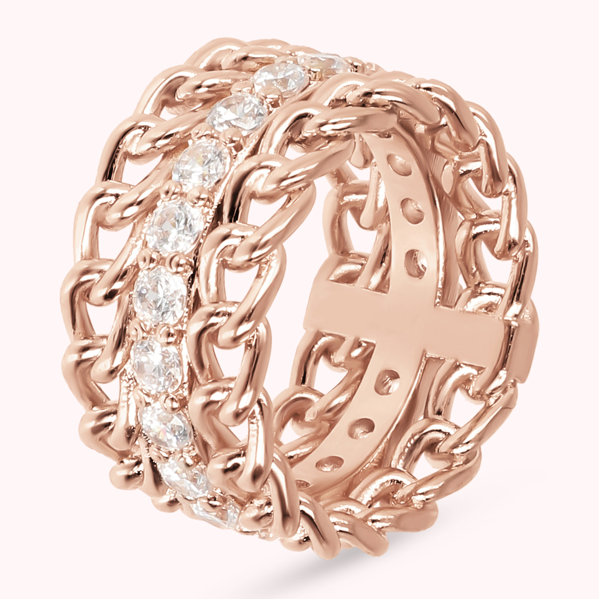 Anello a Fascia con Catena Grumetta e Riviera in Cubic Zirconia