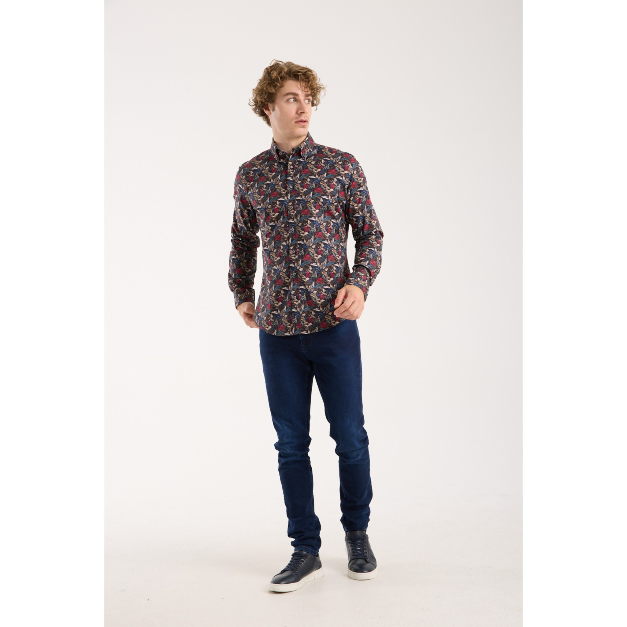 camicia uomo 1 bottone button down slim Popeline Stretch Stampato Blu\Rosso