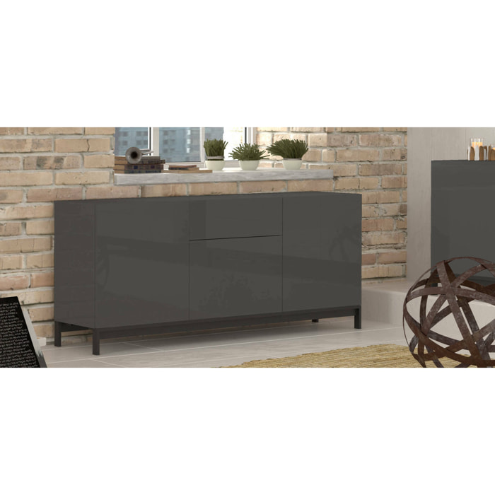 Credenza moderna a 3 ante e 1 cassetto, Made in Italy, Madia da cucina, Buffet di design da soggiorno, cm 170x40h47, colore Antracite lucido