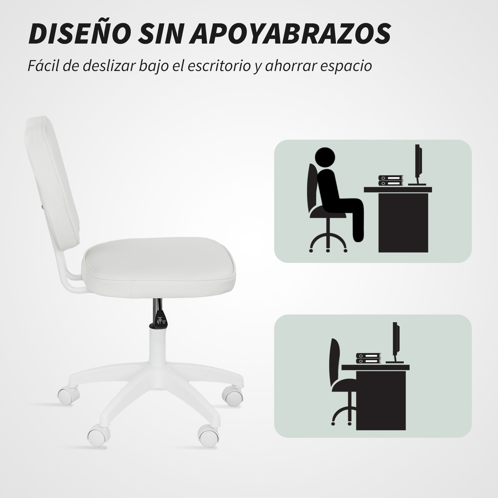 Silla de Escritorio Tapizada en PU Silla de Oficina Giratoria con Altura Ajustable sin Brazos Carga 120 kg para Estudio Dormitorio 46x59x82-92 cm Blanco