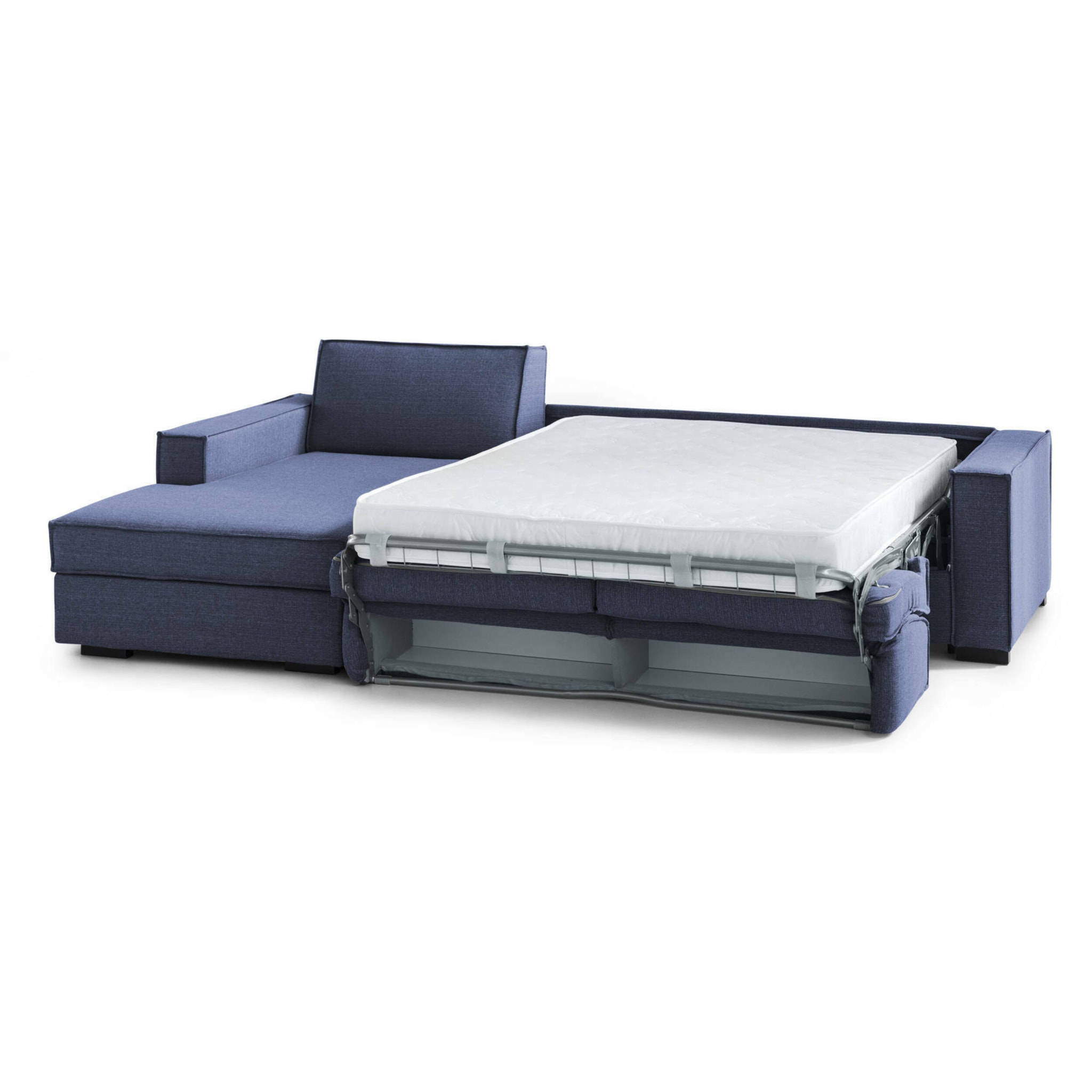 Divano Letto Adelina, Divano ad angolo, 100% Made in Italy, Sofà con apertura girevole, Penisola contenitore Sinistra, con Braccioli standard, Cm 280x95h90, Blu