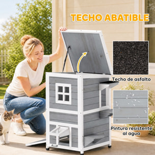 PawHut Caseta para Gatos de Madera Exterior, Casa para Gatos de 2 Niveles con Techo Abatible, Panel Central Extraíble, Ventanas, Puertas, para Terraza, Balcón, Jardín, 51x51x81,3 cm, Gris