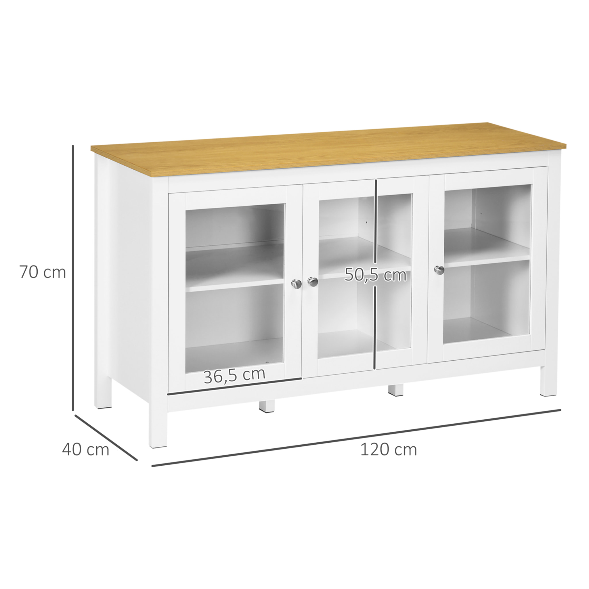 Buffet bas style classique chic - 3 portes vitrine verre, 2 étagères réglables - verre MDF panneaux blanc aspect bois clair