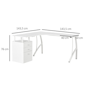 Escritorio Esquinero para Ordenador Escritorio en Forma de L con 3 Cajones Mesa Moderna para Oficina Estudio 143,5x143,5x76 cm Blanco