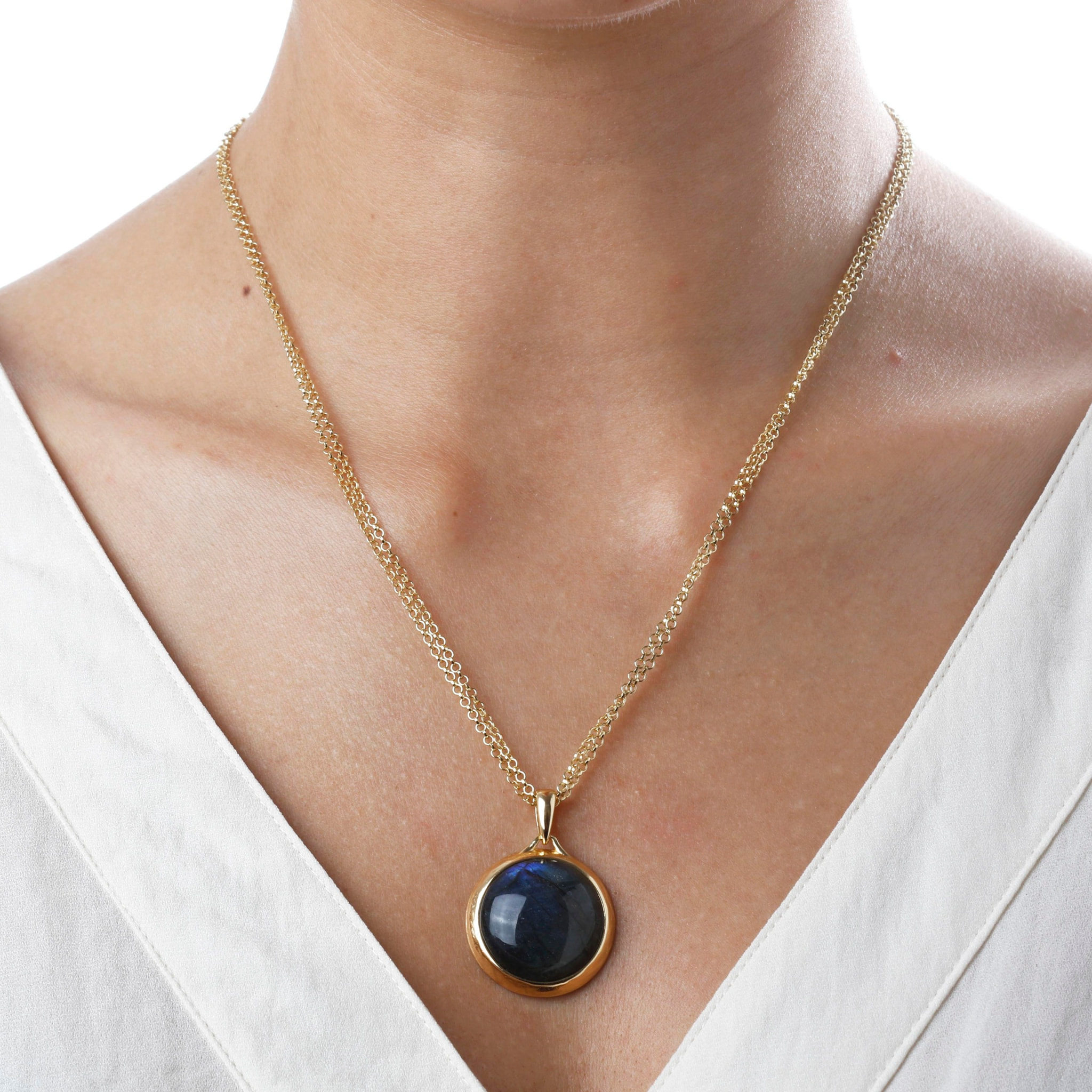 Collana in Argento 925 placcato Oro Giallo 18Kt con Doppia Catena Rolo e Pendente Tondo in Labradorite