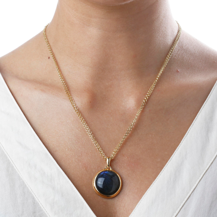Collana in Argento 925 placcato Oro Giallo 18Kt con Doppia Catena Rolo e Pendente Tondo in Labradorite