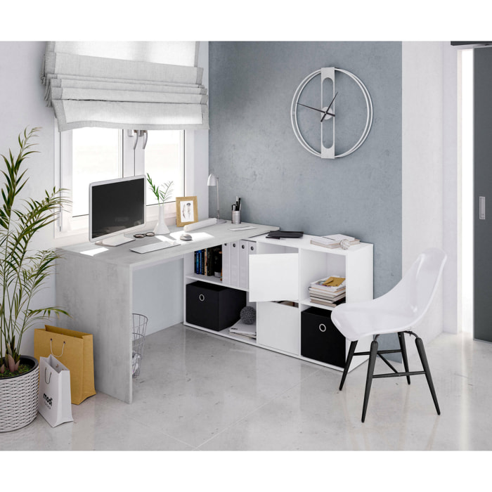 Scrivania Abby, Scrittoio multifunzione reversibile multiposizione, Tavolo da studio o ufficio porta PC con scaffale, 136x139h74 cm, Bianco e Cemento
