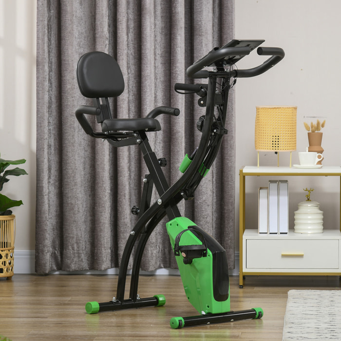 Vélo d'appartement pliant 8 niveaux de résistance magnétique dossier selle réglable poignées ergonomiques écran LCD multifonction suspensions support tablette acier vert noir